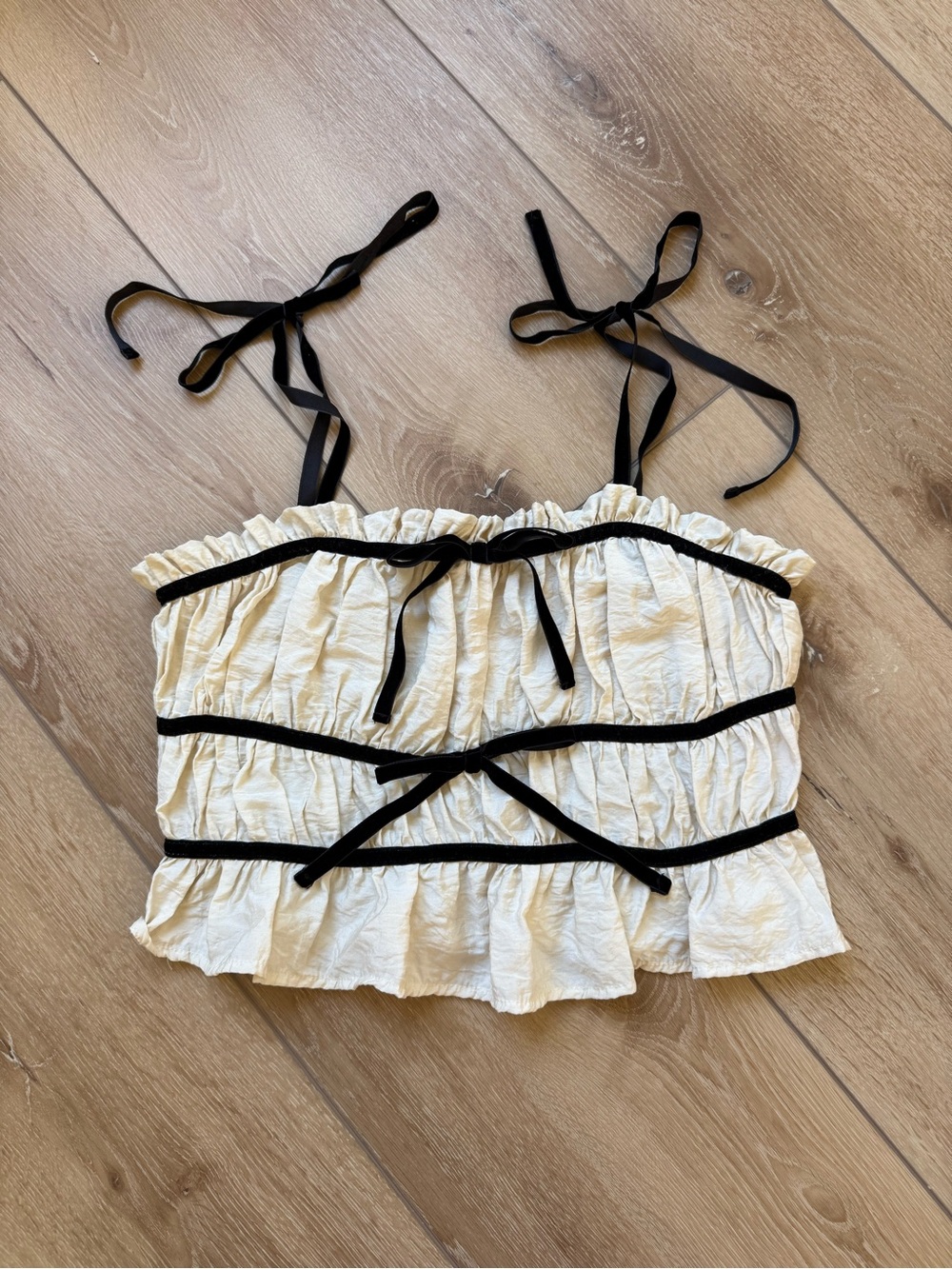 Thirty Thirty Cream Tie-Shoulder Top with Black Trim